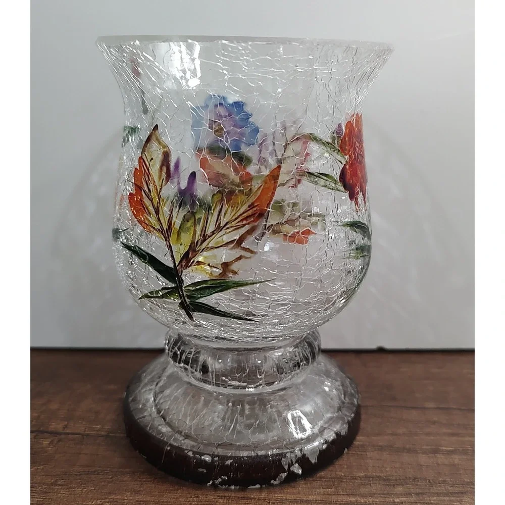 Crackle Glass Votive Candle Holder Hand Painted Flowers Spring Summer Home Decor